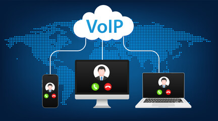 Poster - VoIP voice over IP illustration smartphone laptop network. Voip call flat concept design. Voice over ip internet video telephony data cloud laptop and mobile cellphone. Vector illustration
