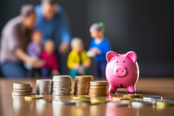 Wall Mural - Hand placing money into a piggy bank. Concept of family savings and how to invest in the future with financial education.