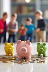 Sticker - Hand placing money into a piggy bank. Concept of family savings and how to invest in the future with financial education.