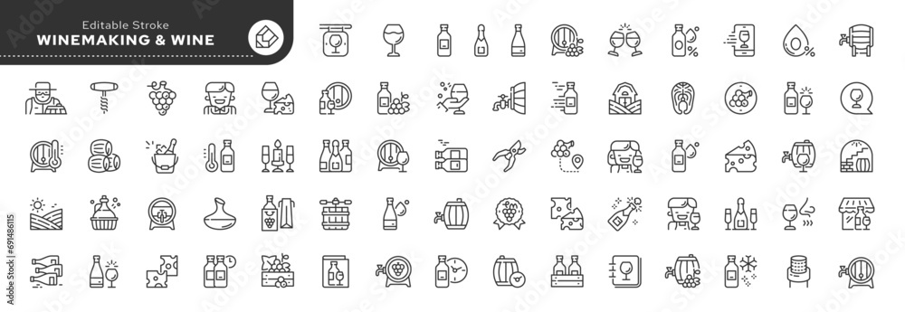 Set of line icons in linear style. Set - Wine and winemaking. Making ...