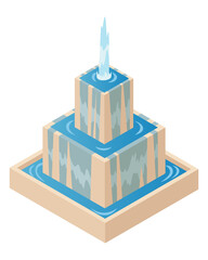 Isometric fountain icon for outdoor park. Modern architecture decor symbol with splashing drops.  city infographic with water decoration elements