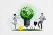 © deagreez - Poster collage of smiling responsible two people huge lamp bulb earth planet electricity economy concept isolated on creative background