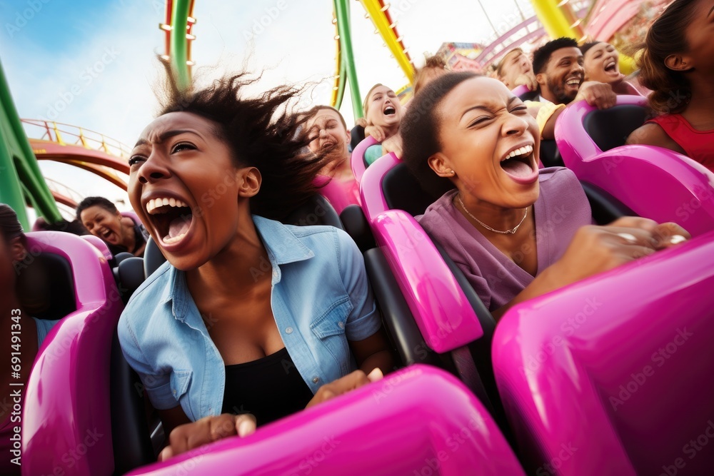 Group of diverse friends screaming with excitement on a roller coaster ...