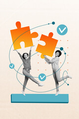 Aufkleber - Vertical collage picture of two mini black white colors girls arms hold big puzzle pieces isolated on painted background
