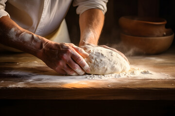 Wall Mural - Man's hands rolling the dough. Bread baking concept photo