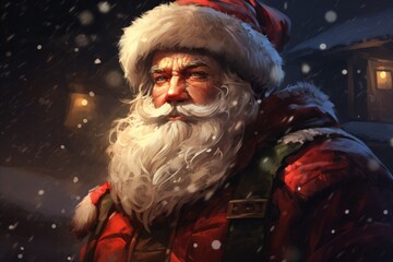 Wall Mural - Artistic portrayal of Santa Claus with a mysterious aura, highlighted by falling snowflakes and his classic red attire.