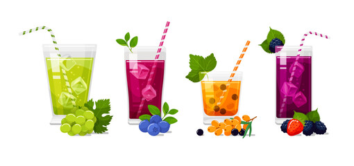 Berry juice in glass with straw ice cubes refreshment beverage set isometric vector illustration