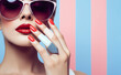 Portrait closeup of a pretty young woman in stylish sunglasses with red lipstick and nails next to a striped background. Fashion and beauty concept. AI Generated