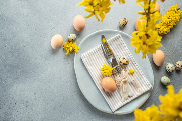 Wall Mural - plate with easter egg and yellow flower on a light background top view. copy space