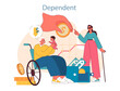 An elderly man in a wheelchair holds a child in his arms, reflecting financial dependence. Disabled people receive financial support. Financial stability. Flat vector illustration.