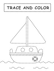 Wall Mural - Trace and color for children. Handwriting practice. Coloring page for kids. Preschool worksheet with cute yacht illustration.	