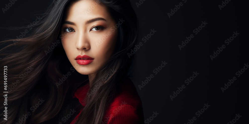 Artistic portrait of a young Asian woman with flowing hair against a ...