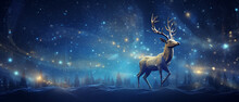 Golden Reindeer Made Of Stars And Pixie Dust In Blue Christmas Night
