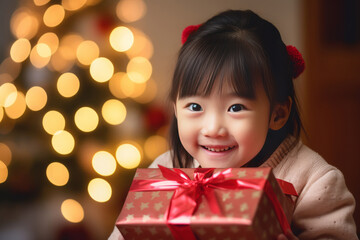 Wall Mural - Happy little cute child Asian girl with Christmas gift