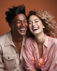 A couple shares a joyful moment as they pose against a vibrant wall, their beaming smiles and stylish clothing capturing the essence of love and happiness