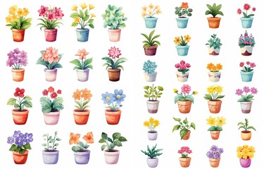 watercolor style cartoon illustration of cute flower pots blossoming in many type of flower and many pot paint pattern, isolated on white background, collection set, Generative Ai