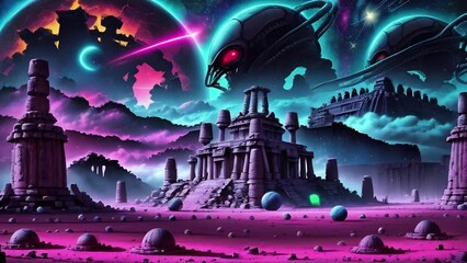 Wall Mural - Alien planet with alien temple. Deep space, galaxy, and futuristic cityscape on planet. Bright cosmic animation with illustrations transformations and metamorphose. AI generated cinematic video