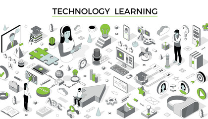 Poster - Technology learning. Isometric training. Education course. University study. Online knowledge communication. Students service. Library books. E-learning concept. Vector illustration