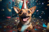 Fototapeta  - Joyful adorable pup donning a festive headpiece rejoicing at a celebration while surrounded by descending streamers.