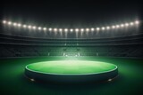 Fototapeta Sport - A central stage in a stadium with rows of vacant seats and bright flashes, ideal for showcasing products on the grassy playing field of a soccer game.