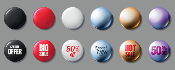 Wall Mural - Circle button. 3D price label. Sale tag. Round shape. Glossy magnet. Color bubble. Discount pin badge. Iridescent or metallic icon. Realistic object. Vector design shopping banners set