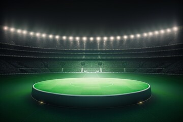 A central stage in a stadium with rows of vacant seats and bright flashes, ideal for showcasing products on the grassy playing field of a soccer game.