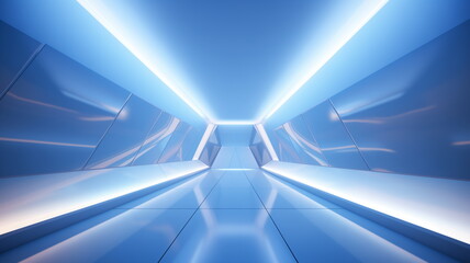 Poster - Corridor tunnel of space station ship, glowing futuristic panels of blue color, metal walls reflection of light. Podium stage long way. 3d render