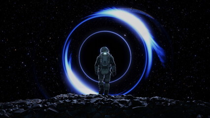Wall Mural - astronaut cosmonaut discovery of new worlds of galaxies panorama, fantasy portal to far universe. as