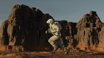 Wall Mural - astronaut running across planet mars, exploring other planets and worlds. cosmonaut in a white space