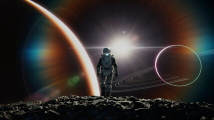 Wall Mural - astronaut cosmonaut discovery of new worlds of galaxies panorama, fantasy portal to far universe. as