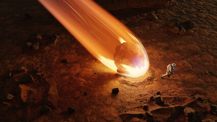 Wall Mural - astronaut escapes from falling comet asteroid, fiery asteroid from outer space crashes into surface 