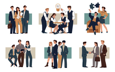 Poster - Business team. Leadership work, teamwork characters, women and men career, people brainstorming on meeting or collaboration, contract agreement. Vector outline cartoon flat isolated illustration