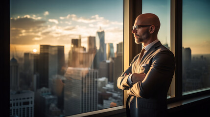 Portrait of mature businessman leader posing with hands folded in office, looking out window in deep thoughts, planning work process, thinks about a new strategy for his team