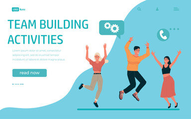 Fototapete - Team building landing page. Happy jumping men and women group. Website interface design template. Colleagues communication. People cooperation. Company teamwork. Vector web background