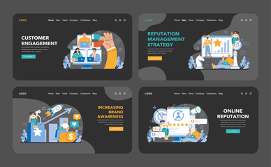 Poster - reputation management dark or night mode web or landing set. relationship with targeted audience. cu