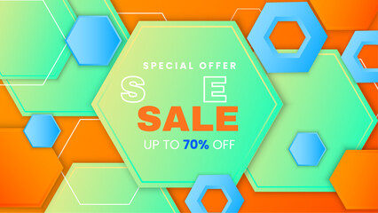 Wall Mural - Green blue and orange vector mega sale super promo background with discount. Vector super sale template design. Big sales special offer. End of season party background