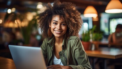 Wall Mural - Creative Vibes: Girl Freelancer or Student at Café Table with Computer