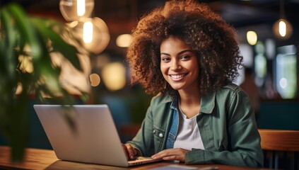 Wall Mural - Radiant Focus: Beautiful Young Woman Engaged in Laptop Work