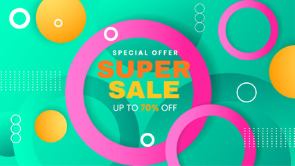 Wall Mural - Green yellow and pink vector special discount background. Vector super sale template design. Big sales special offer. End of season party background