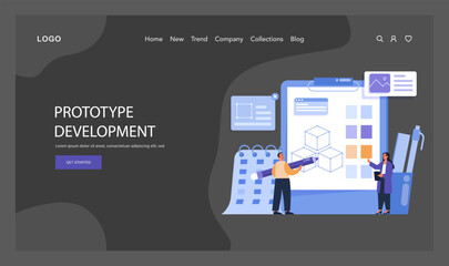 Poster - Prototype Development web or landing. Detailed view of a team crafting a digital prototype, symbolizing the hands-on phase of the Design Thinking process. Flat vector illustration