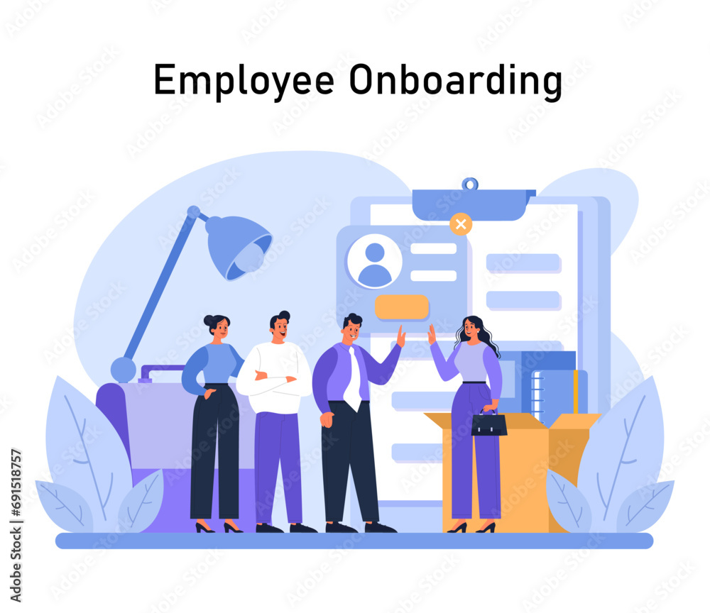 Employee Onboarding concept. New team members discuss with a manager near a giant clipboard, showcasing the welcoming process and integration steps. Flat vector illustration.