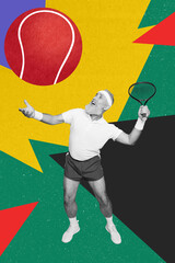 Canvas Print - Vertical creative collage poster enjoy happy sportive old man grandfather play badminton tennis lifestyle figure colorful background