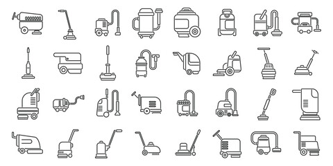 Poster - Floor washing machine icons set outline vector. Cleaning staff. Job apartment cleaner