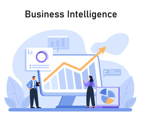 Poster - Business Intelligence concept. Analysts evaluating corporate data to enhance decision-making, with growth charts and performance metrics. Strategic data analysis. Flat vector illustration.