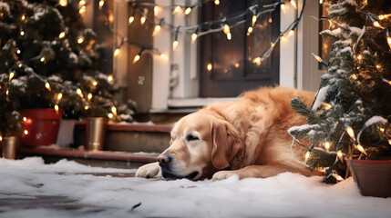 Sticker - Golden Retriever laying outside in the Snow at Christmas Time