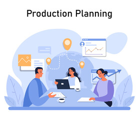 Poster - Production Planning Team concept. Strategic meeting for operational efficiency and workflow optimization. Streamlined project coordination. Flat vector illustration.