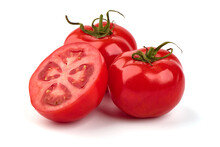 Ripe Fresh Tomatoes, Close-up, Isolated On White Background.