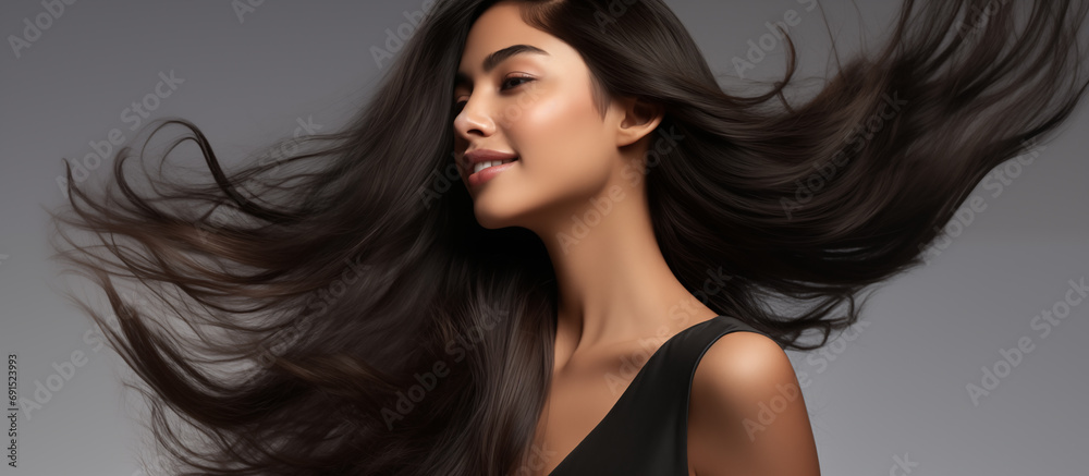 Portrait closeup young beautiful woman model with long black hair on a ...