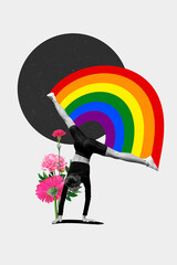 Sticker - Creative vertical collage poster dancing gymnastics young attractive lady rainbow equal rights freedom blossom