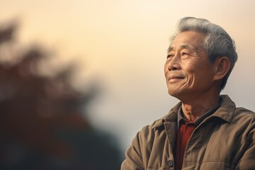 Elderly asian man outdoors with evening light and copy space.